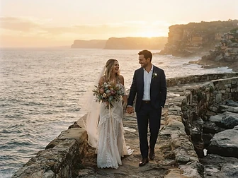 Sydney wedding photography — a couple walking hand-in-hand along a weathered stone sea wall by the ocean at golden hour
