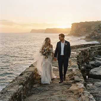 Sydney wedding photography — a couple walking hand-in-hand along a weathered stone sea wall by the ocean at golden hour