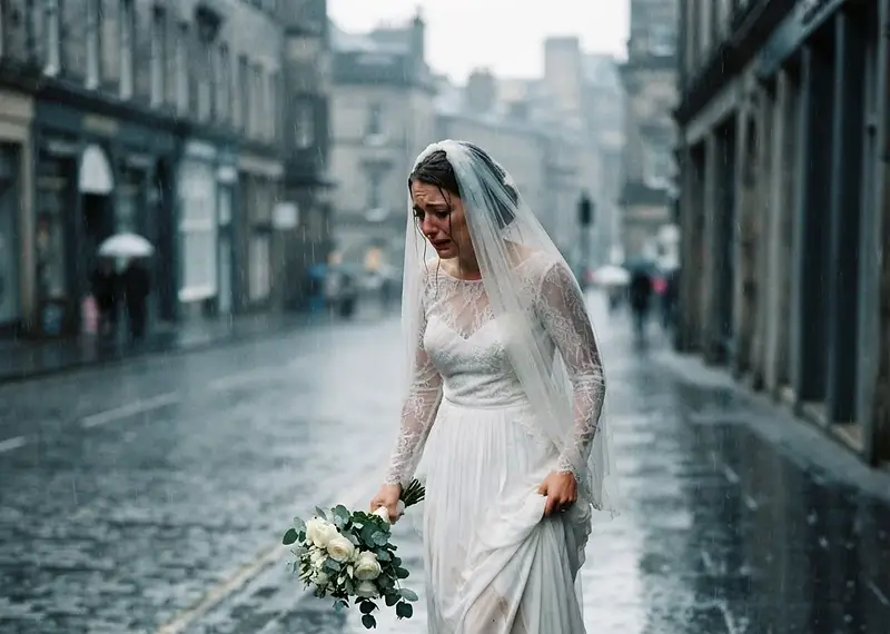 A bride walking alone in the rain on her wedding day, capturing the emotional stress of unprepared wet weather
