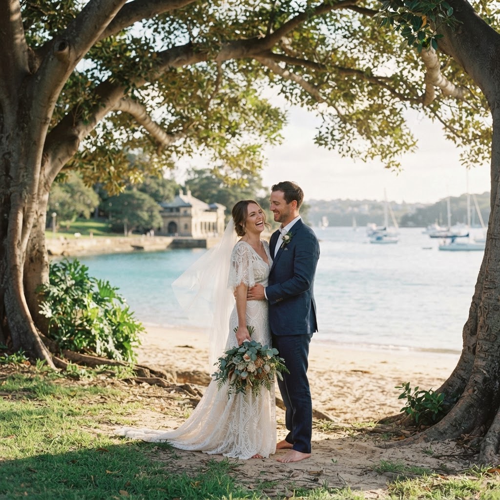 Wedding couple at Nielsen Park Vaucluse Sydney under fig trees by the harbour beach