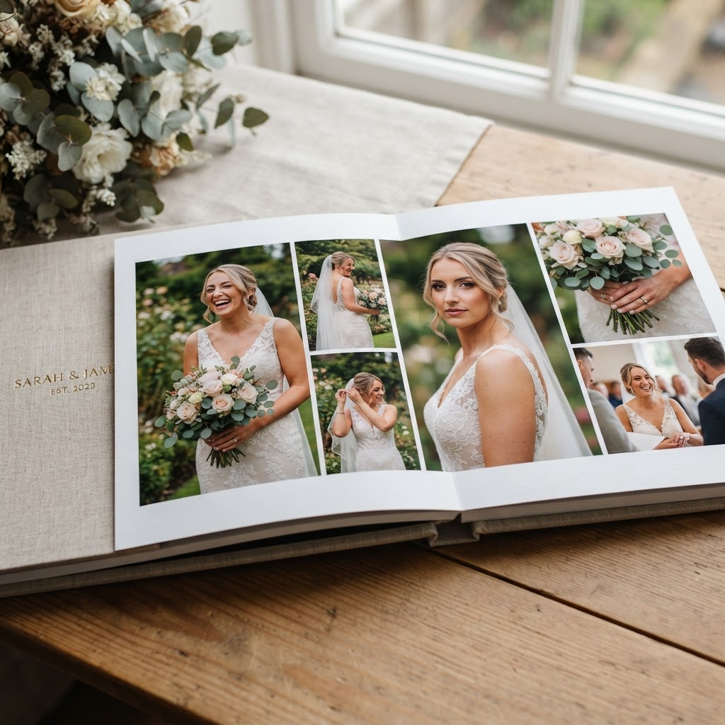 Closeup of a high-quality wedding album spread with bridal portraits