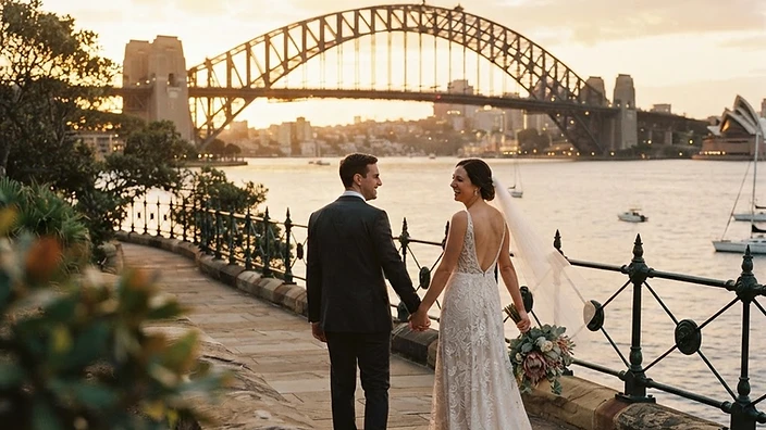 Sydney wedding photography — a couple walking along a Sydney foreshore promenade with the Sydney Harbour Bridge spanning the harbour at golden hour