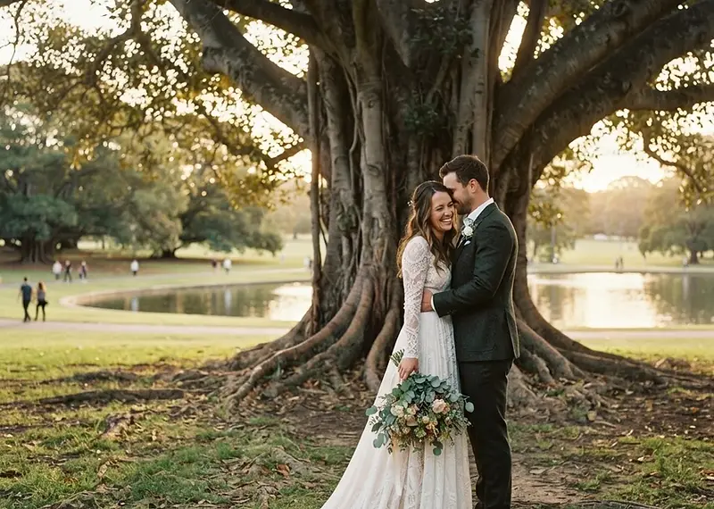 A couple walking down a scenic tree-lined avenue in Centennial Park for wedding photography