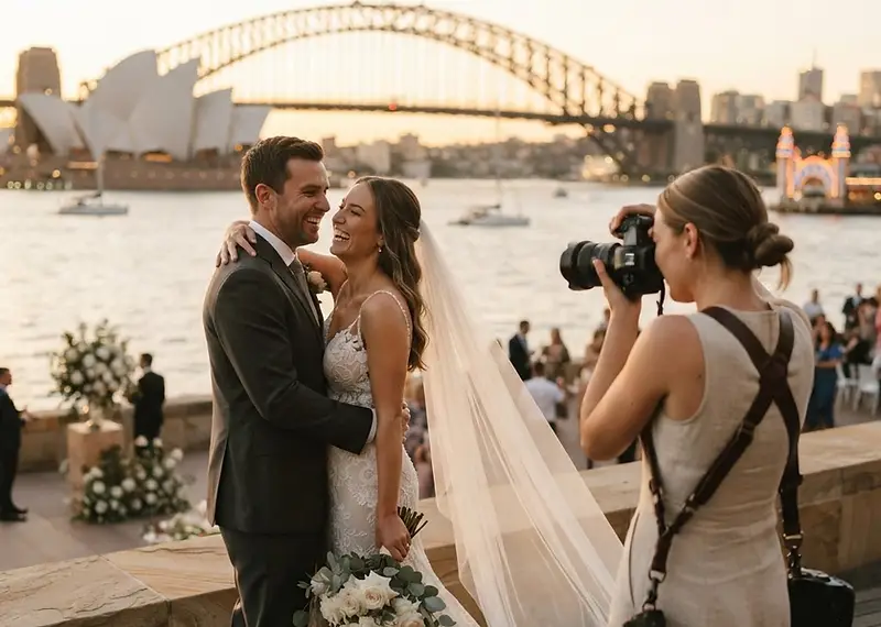 A professional Sydney wedding photographer capturing a candid, intimate portrait of a happy newlywed couple together