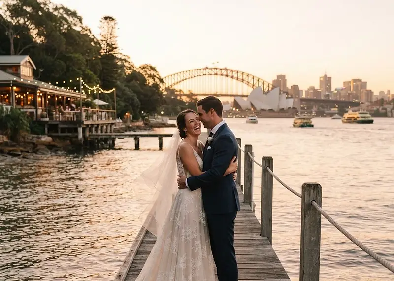 Irene and Tallon celebrating their waterfront wedding at The Deckhouse with Sydney Harbour in background