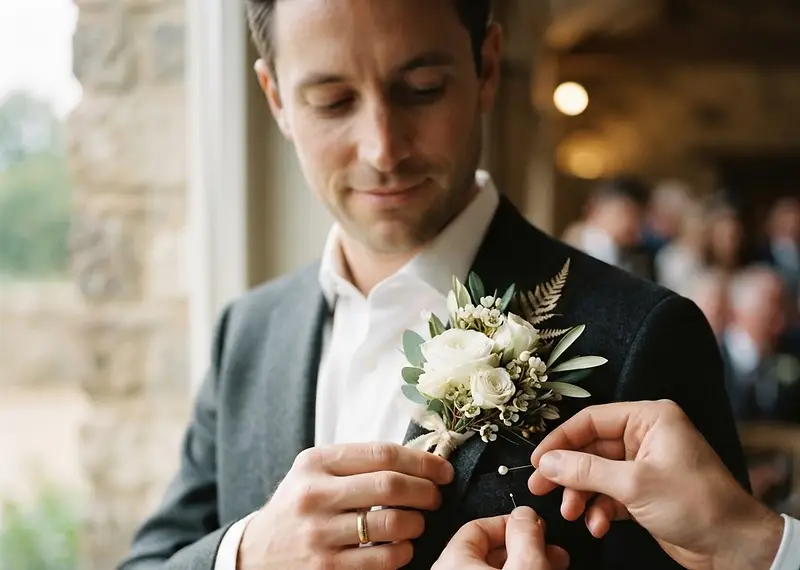 A close-up shot of a groom being helped with pinning a fresh floral boutonniere onto his suit
