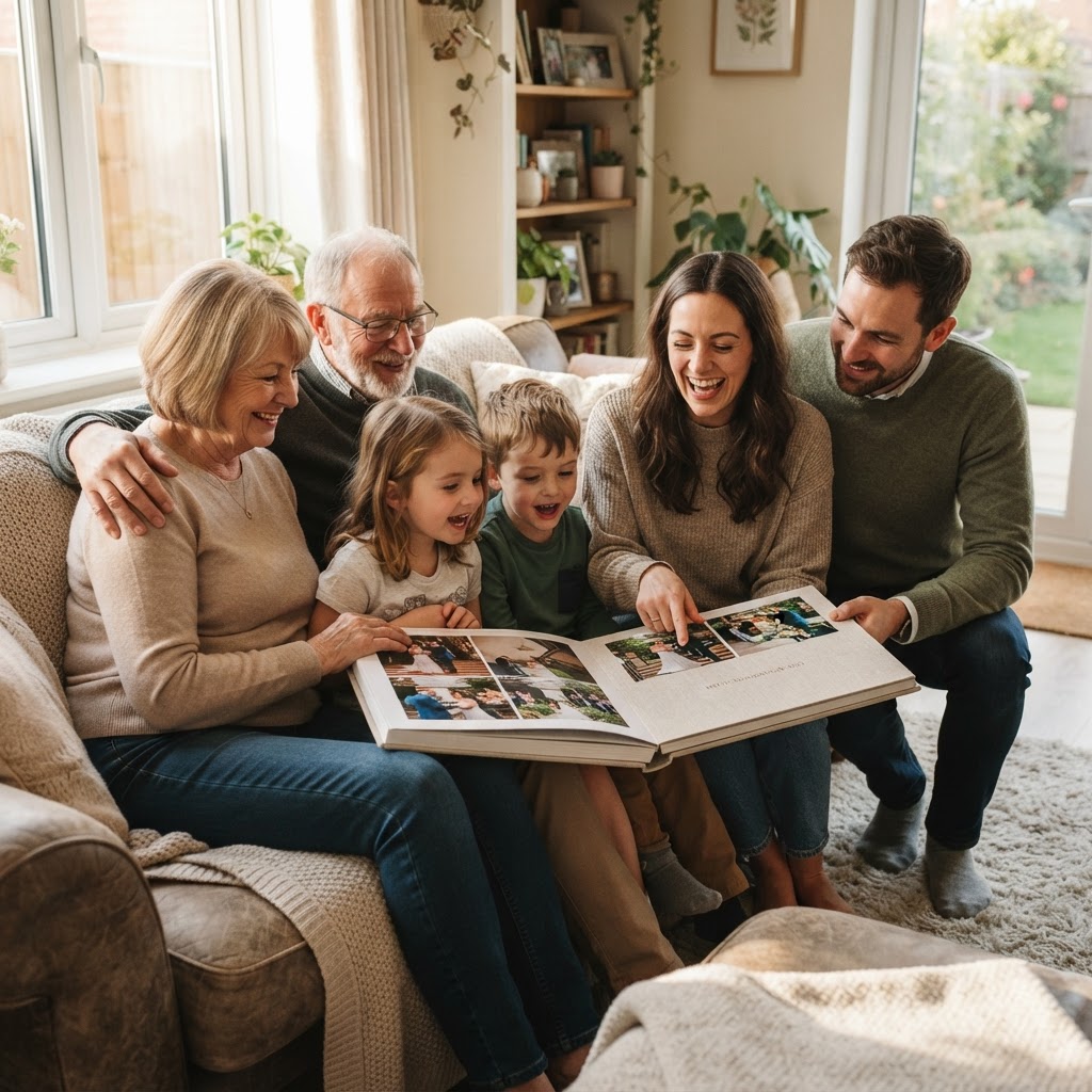 Family viewing a wedding album with linen cover