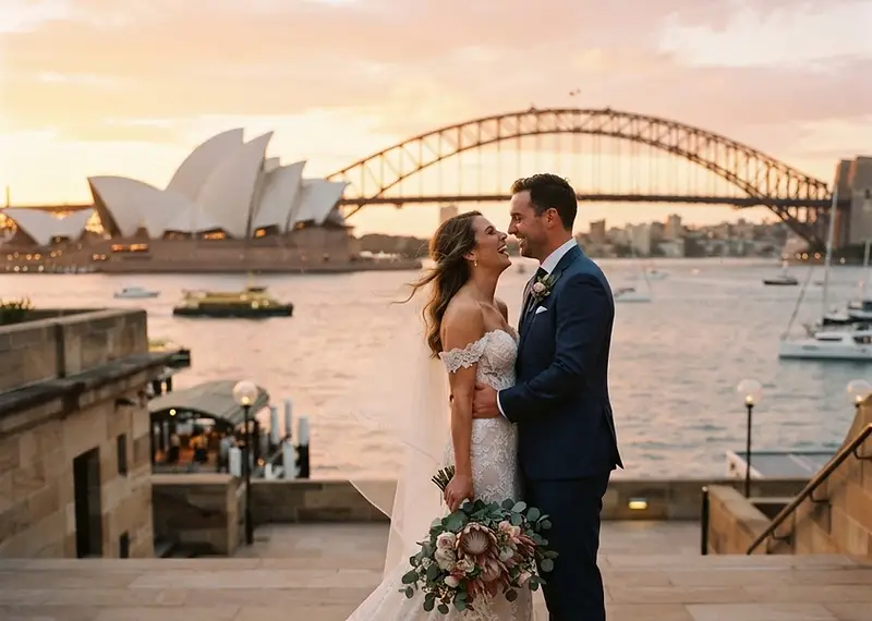 Bride and groom laughing together during a romantic portrait session at a Sydney beach wedding