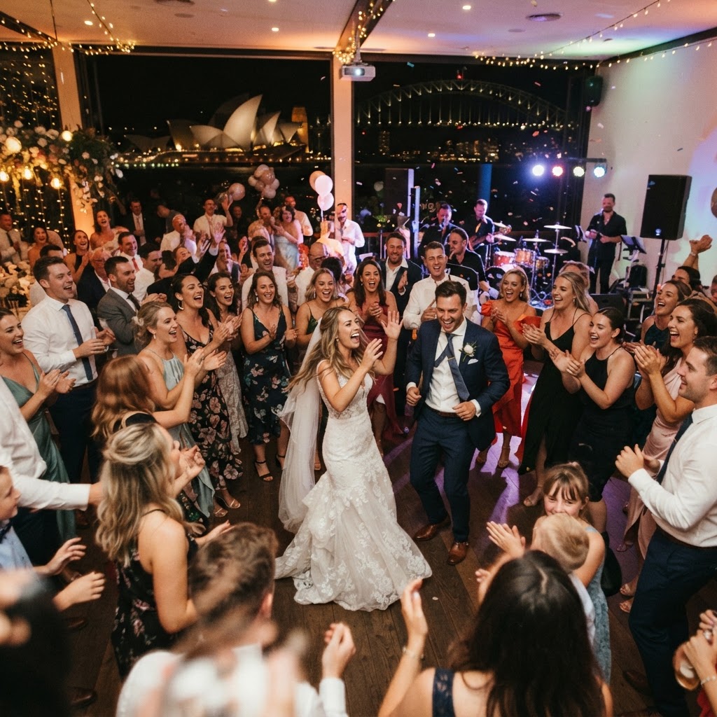 Wedding reception celebration with dancing and joyful guests in Sydney
