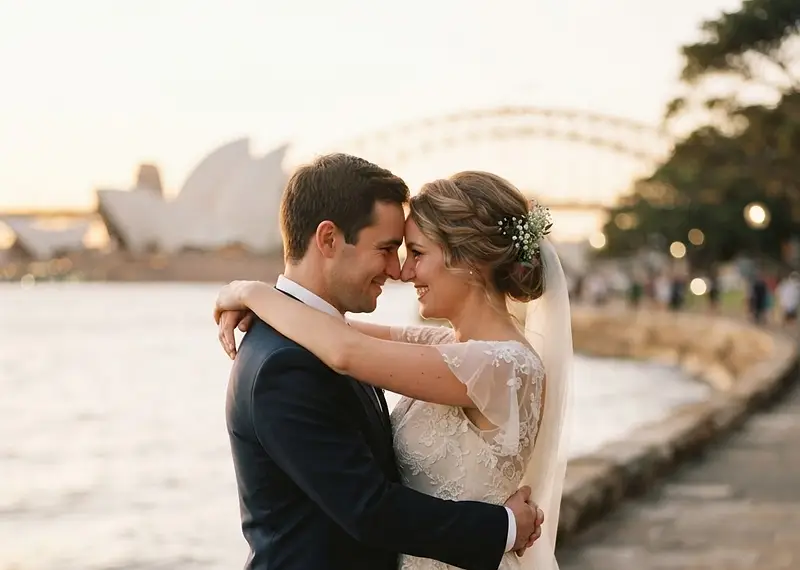 A bride and groom laughing together during a timeless outdoor wedding portrait session in beautiful Sydney