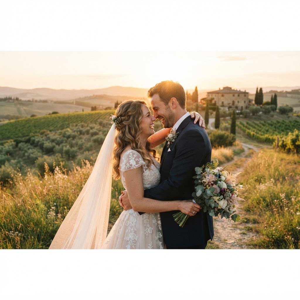 A romantic golden hour portrait of a wedding couple capturing timeless emotions