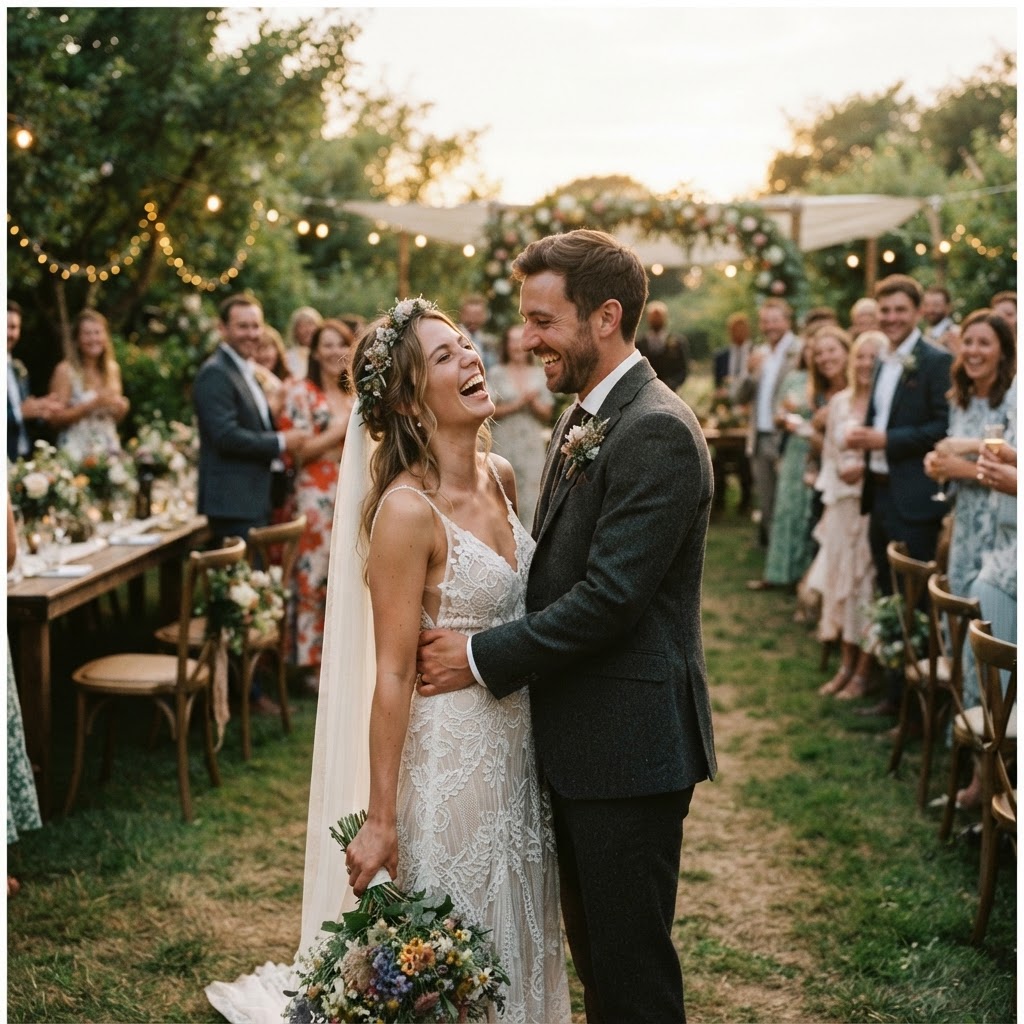 Heartfelt candid moment between a wedding couple during their outdoor wedding celebration