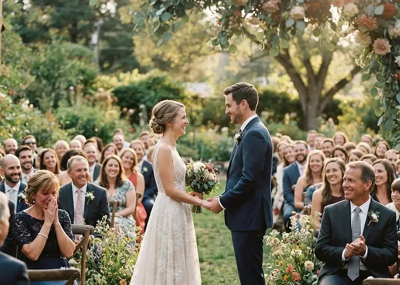 A bride and groom walking down the aisle surrounded by smiling guests during an unplugged Sydney wedding ceremony