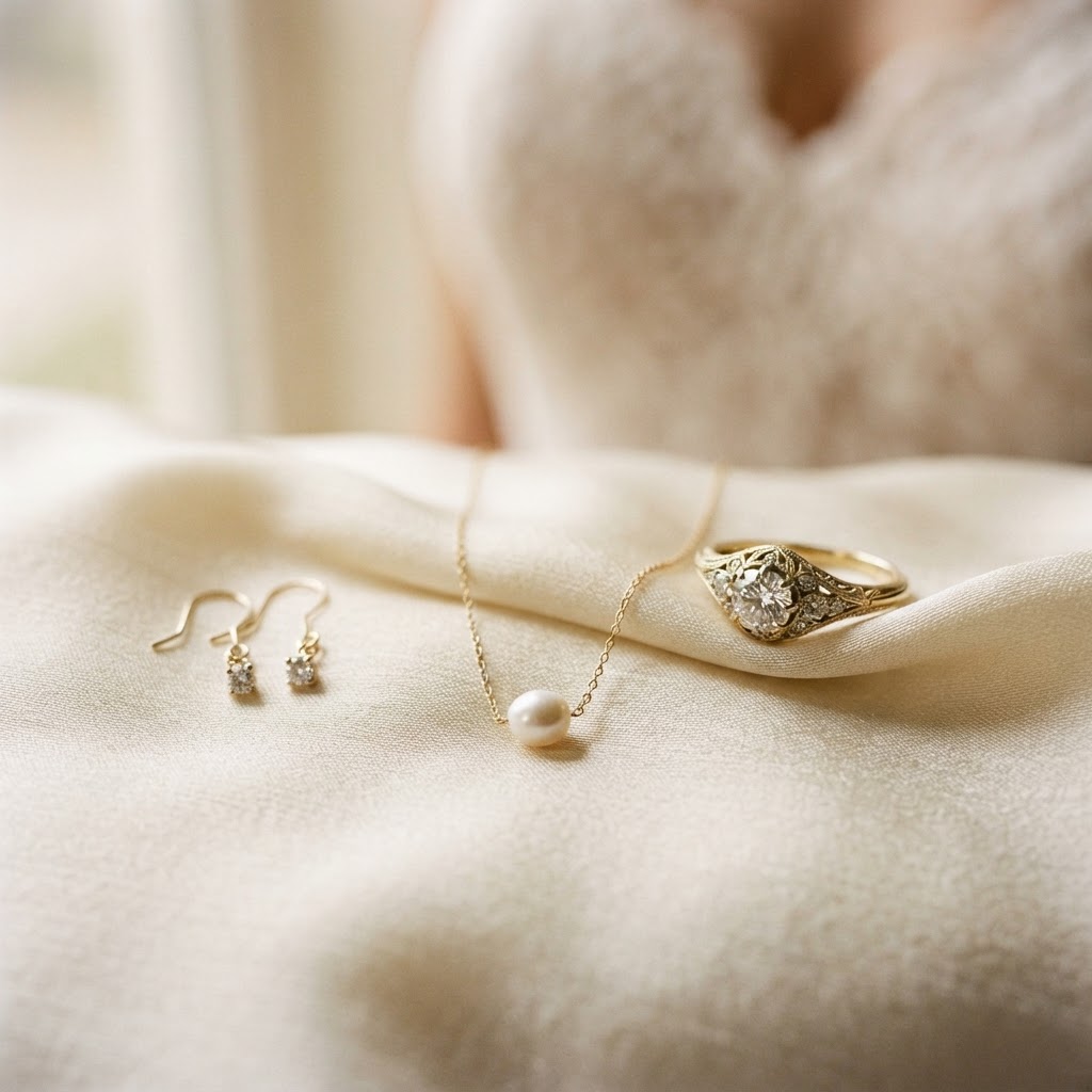 Close-up of bride’s earrings, necklace and engagement ring arranged on silk