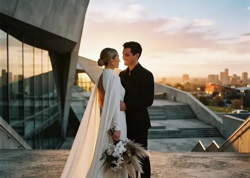 Candid shot of a couple sharing an intimate moment under soft golden hour light in Sydney