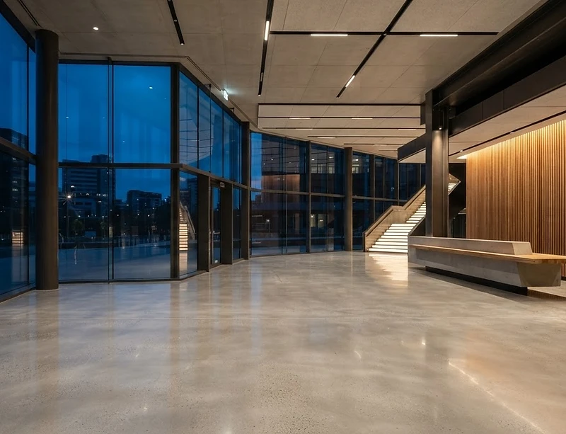 Luxury commercial building lobby at handover stage with floor-to-ceiling glass and polished concrete floors