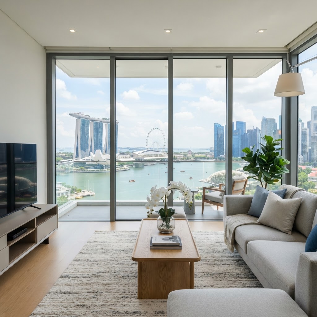 Pristine Singapore condo living room with a view of Marina Bay Sands after professional cleaning
