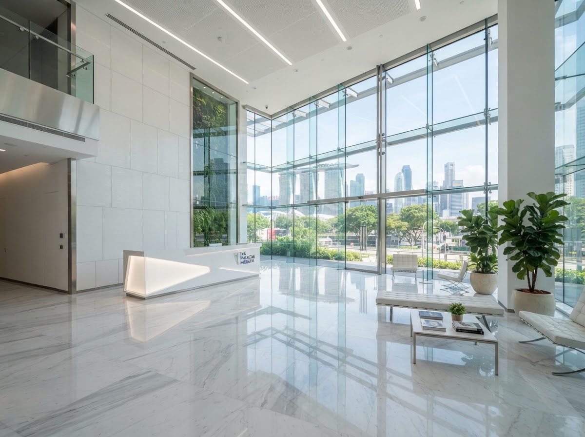 Pristine commercial lobby after professional cleaning service in Singapore