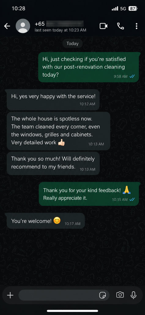 Customer testimonial 3 — real WhatsApp review of SG Express Cleaning service