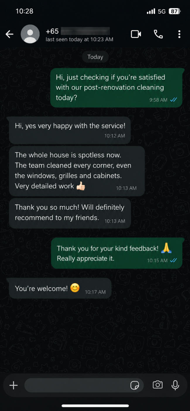 Customer testimonial 3 — real WhatsApp review of SG Express Cleaning service