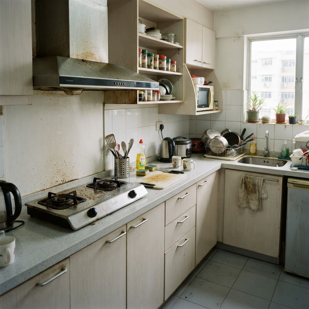 A Singapore apartment kitchen interior with visible grease buildup on the stove and range hood that needs deep cleaning