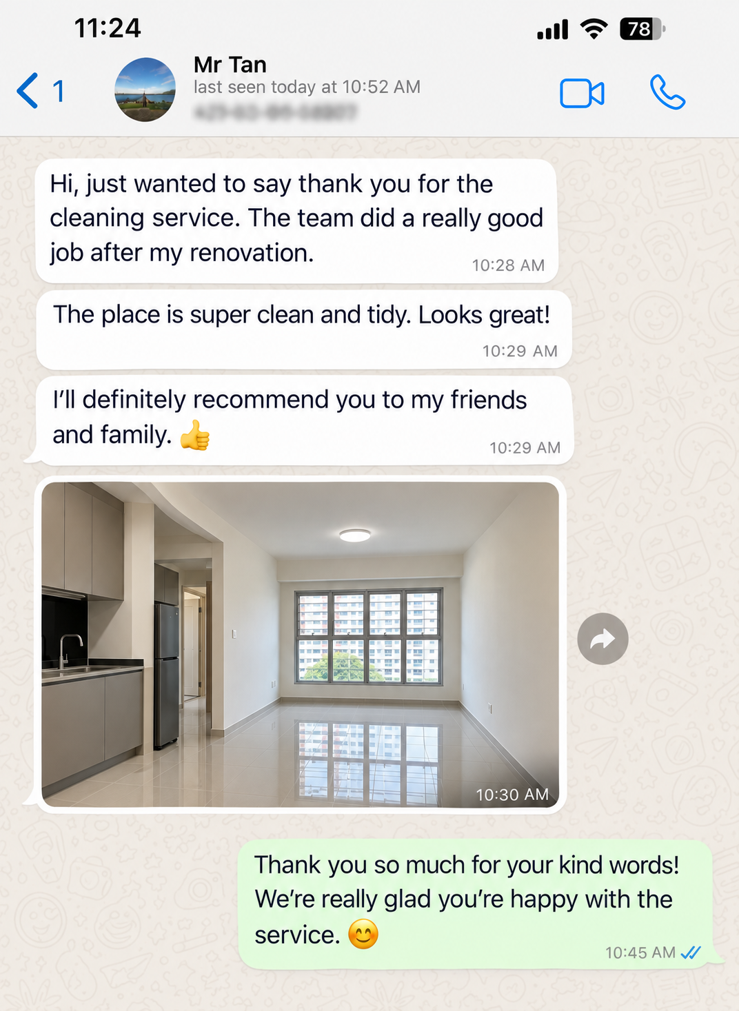 Customer testimonial 9 — real WhatsApp review of SG Express Cleaning service