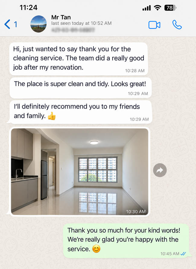 Customer testimonial 9 — real WhatsApp review of SG Express Cleaning service