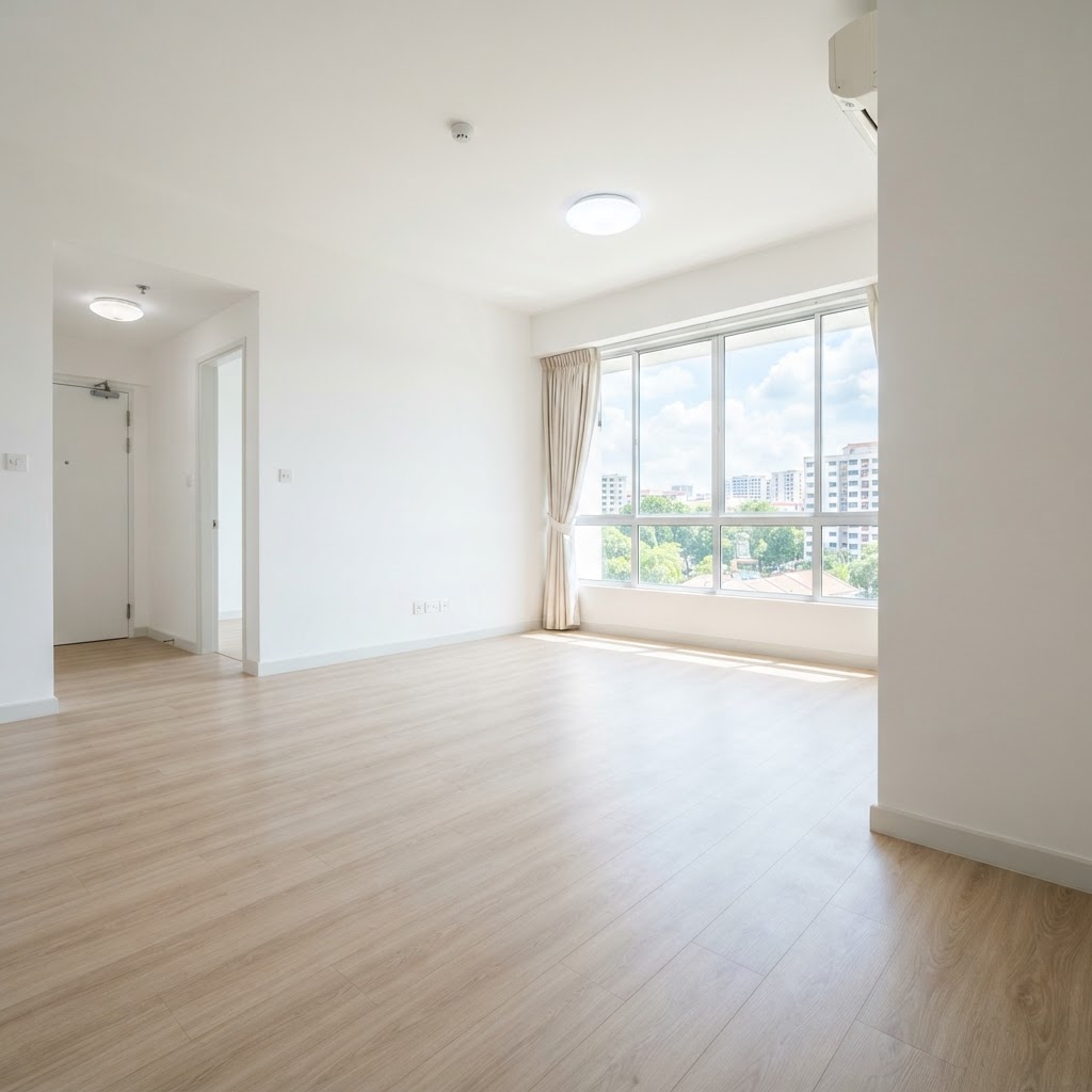 A bright, freshly cleaned empty living room in a Singapore BTO flat, ready for move-in with light oak vinyl flooring and natural daylight