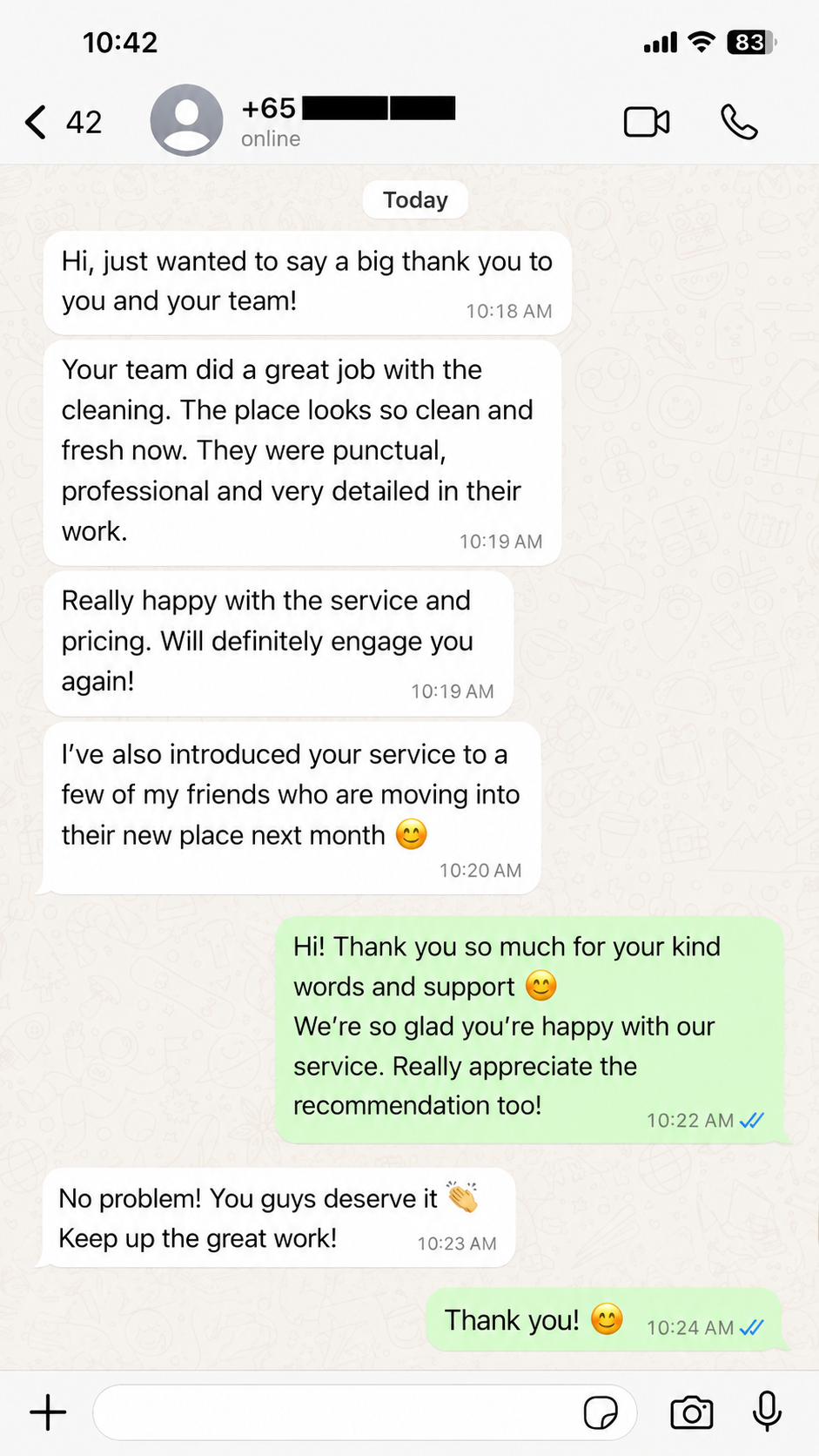 Customer testimonial 7 — real WhatsApp review of SG Express Cleaning service