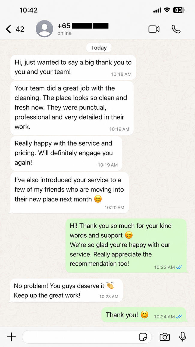 Customer testimonial 7 — real WhatsApp review of SG Express Cleaning service