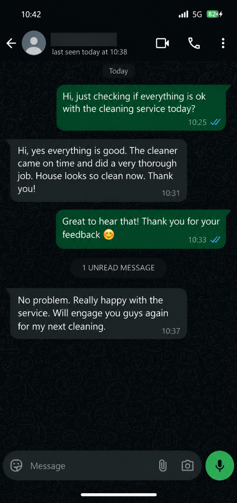 Customer testimonial 2 — real WhatsApp review of SG Express Cleaning service