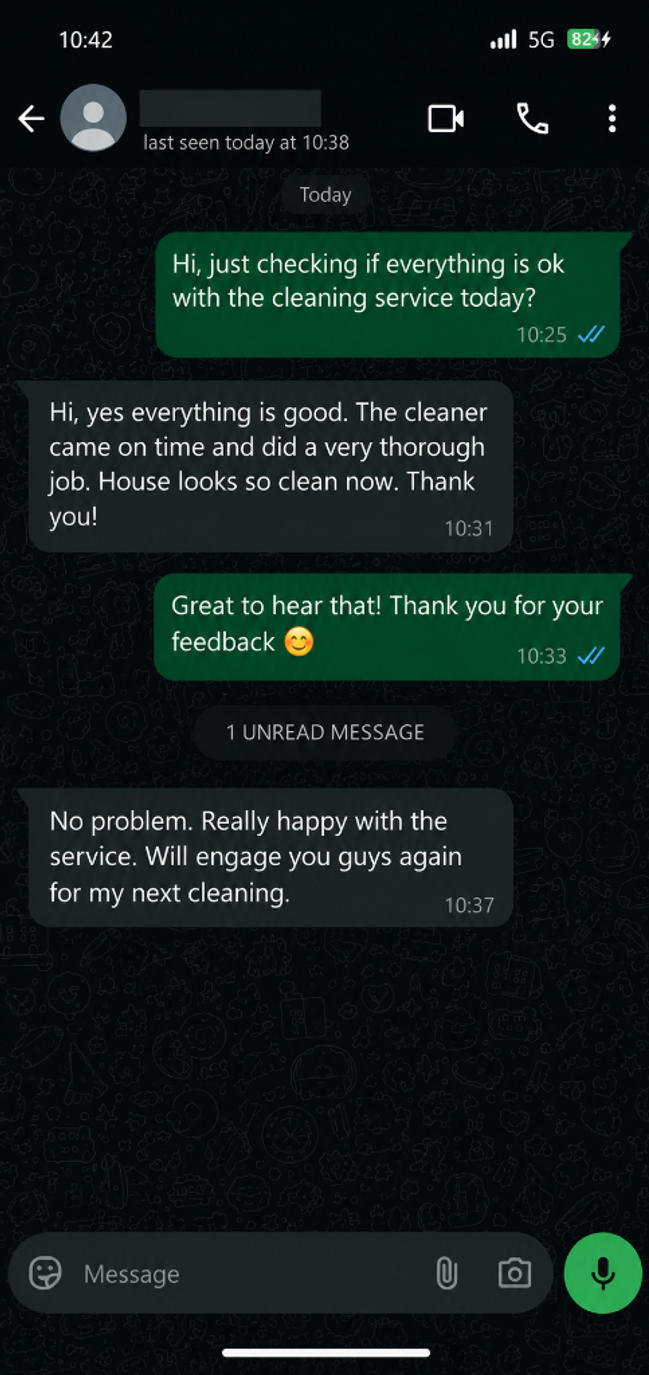 Customer testimonial 2 — real WhatsApp review of SG Express Cleaning service