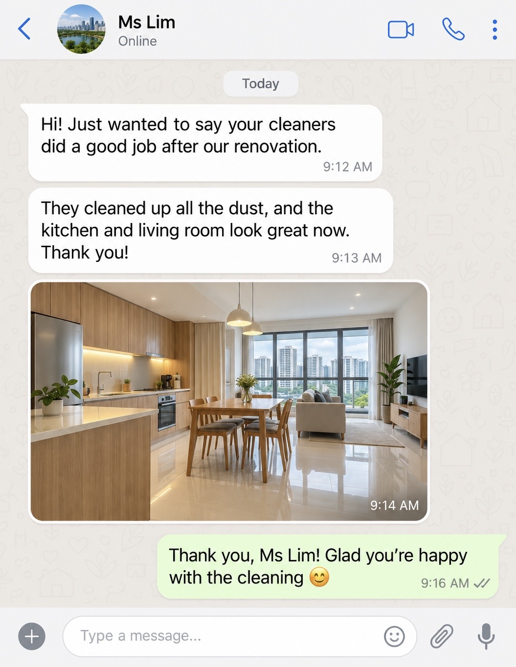 Customer testimonial 10 — real WhatsApp review of SG Express Cleaning service