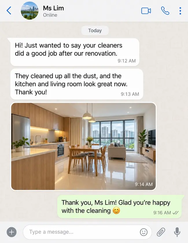 Customer testimonial 10 — real WhatsApp review of SG Express Cleaning service