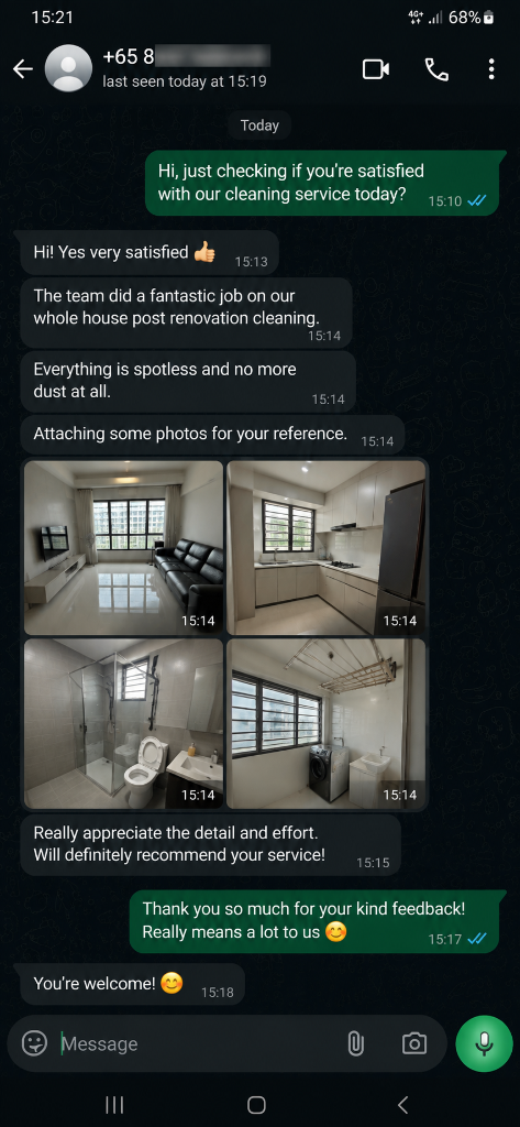 Customer testimonial 6 — real WhatsApp review of SG Express Cleaning service