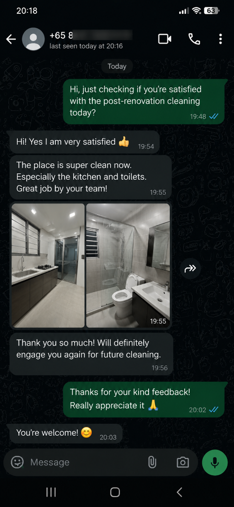 Customer testimonial 5 — real WhatsApp review of SG Express Cleaning service