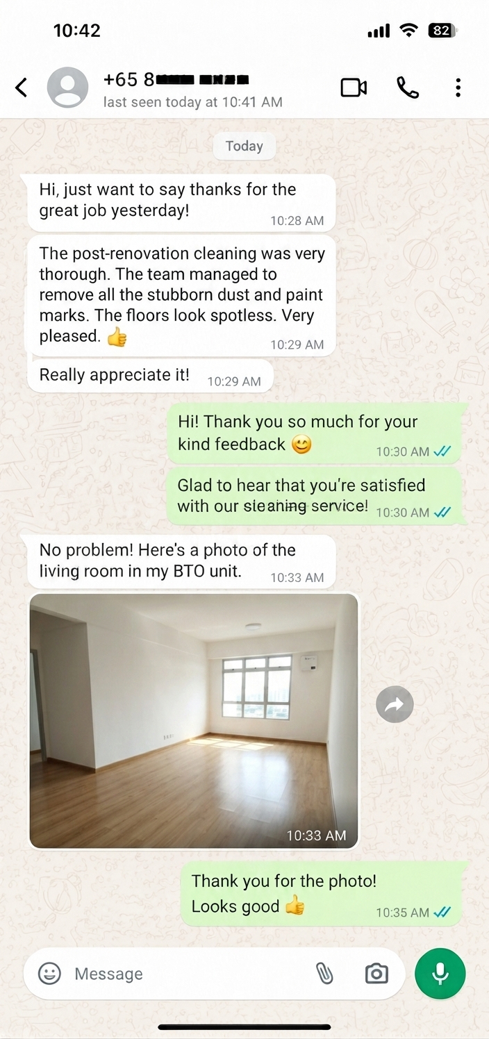 Customer testimonial 8 — real WhatsApp review of SG Express Cleaning service
