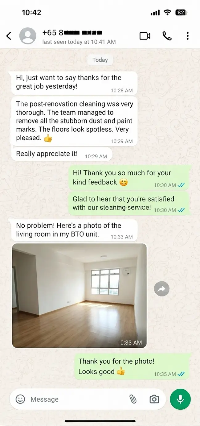 Customer testimonial 8 — real WhatsApp review of SG Express Cleaning service