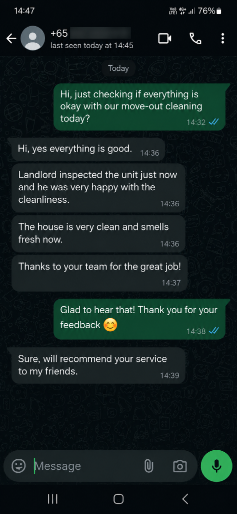 Customer testimonial 4 — real WhatsApp review of SG Express Cleaning service