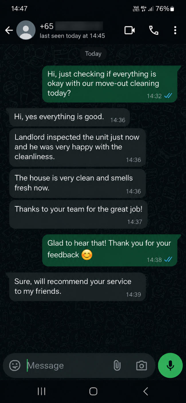 Customer testimonial 4 — real WhatsApp review of SG Express Cleaning service