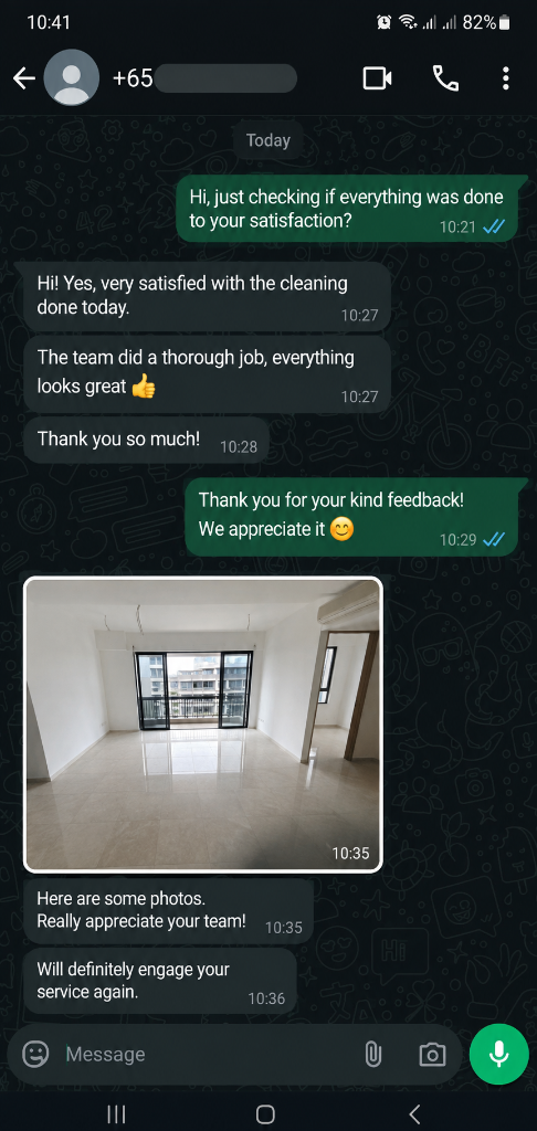 Customer testimonial 1 — real WhatsApp review of SG Express Cleaning service