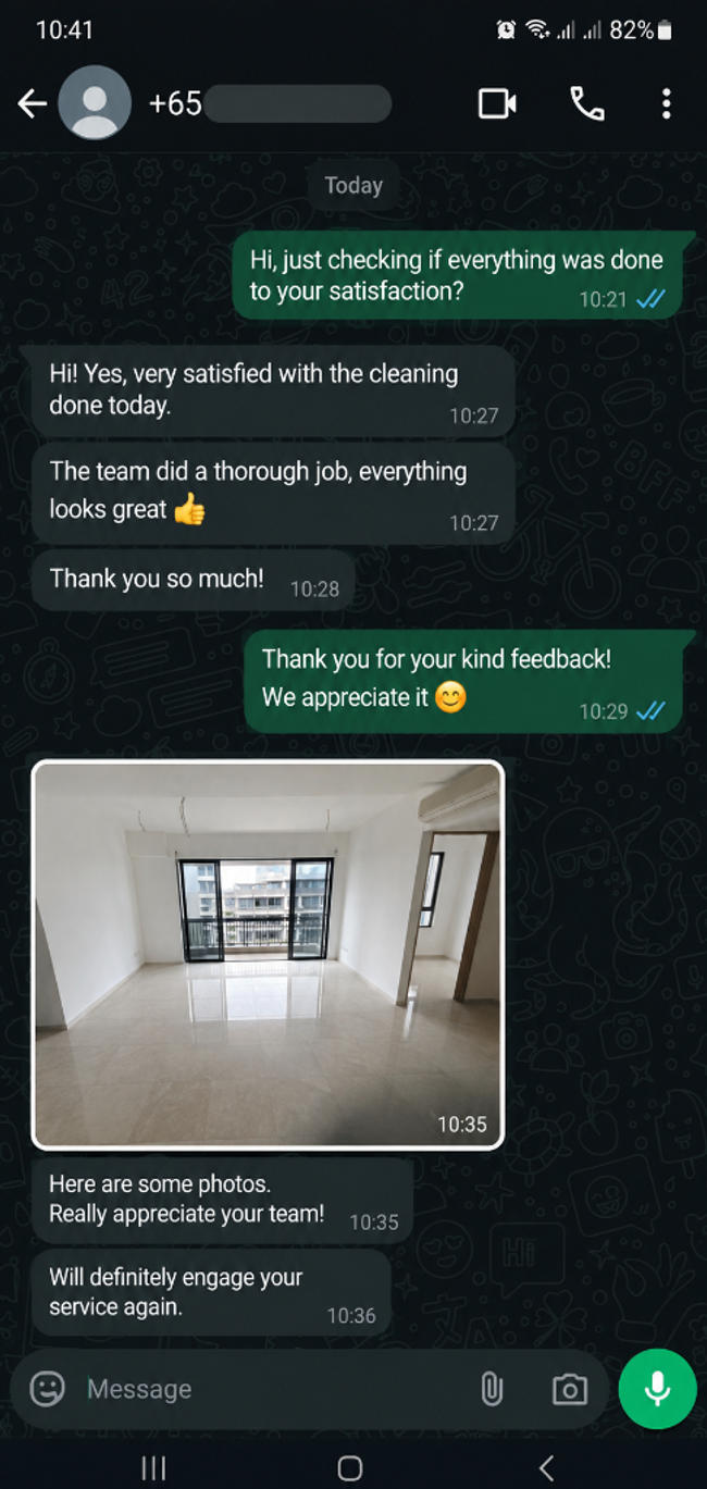 Customer testimonial 1 — real WhatsApp review of SG Express Cleaning service