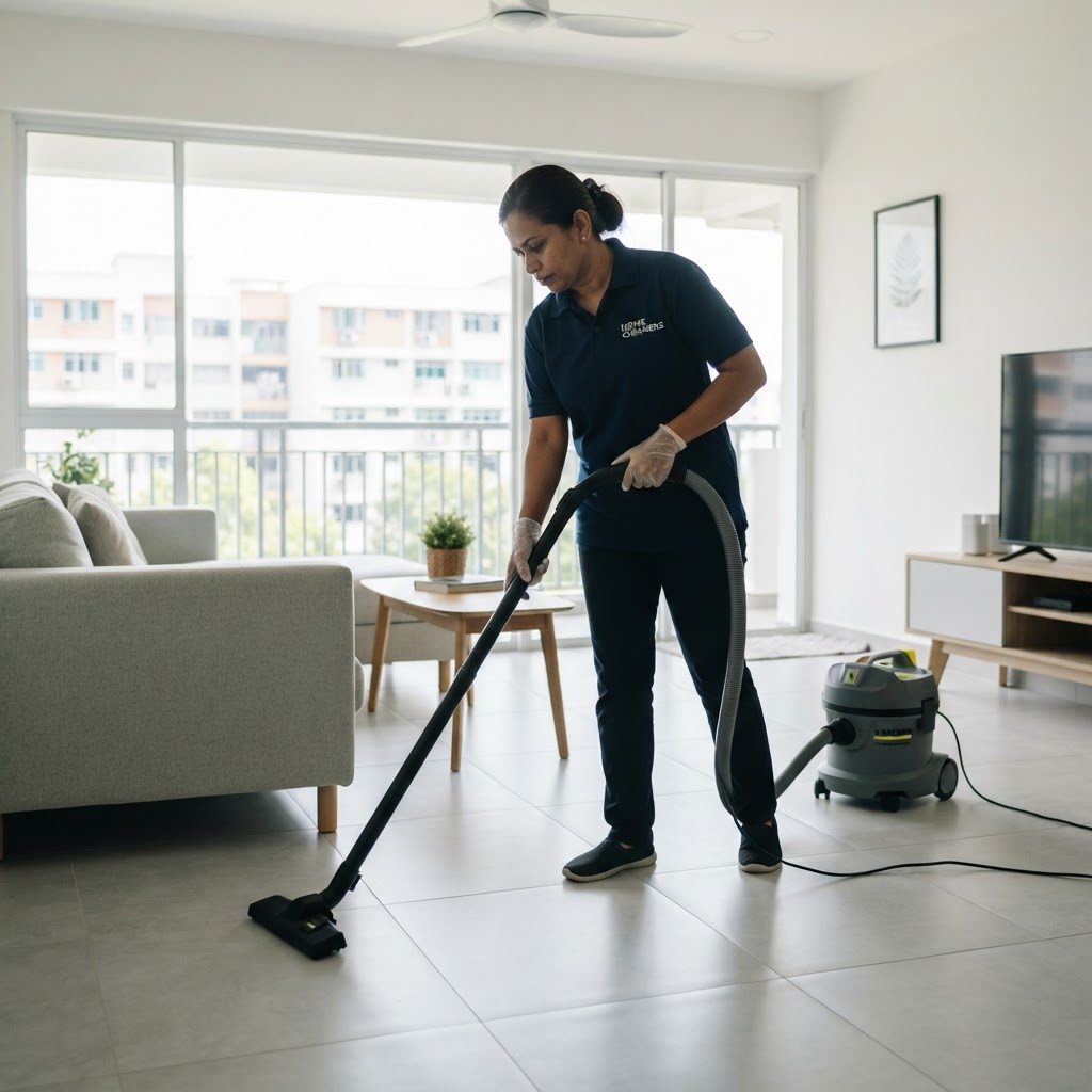 A professional cleaner vacuuming the floor of a bright Singapore HDB apartment living room during regular cleaning