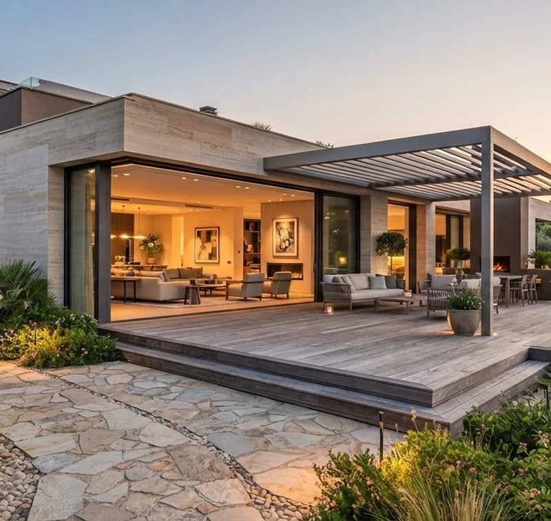 Maison contemporaine avec baies vitrées, terrasse et pergola aménagée par IDÉAL STORE