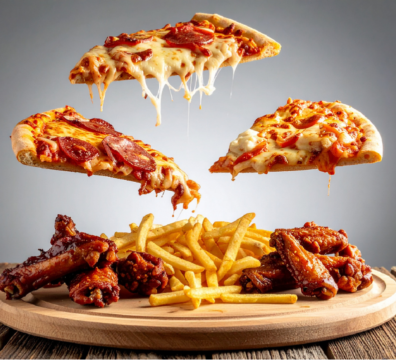 Comfy Foods range — pizza, chips and sticky wings