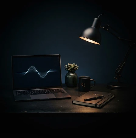A quiet desk bathed in warm lamp light, with a laptop, a mug and a journal.