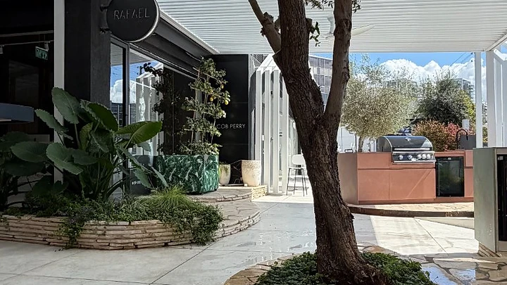 גינה מטופחת עם עץ, אדניות אבן ופרגולה - עבודת גנן קבוע