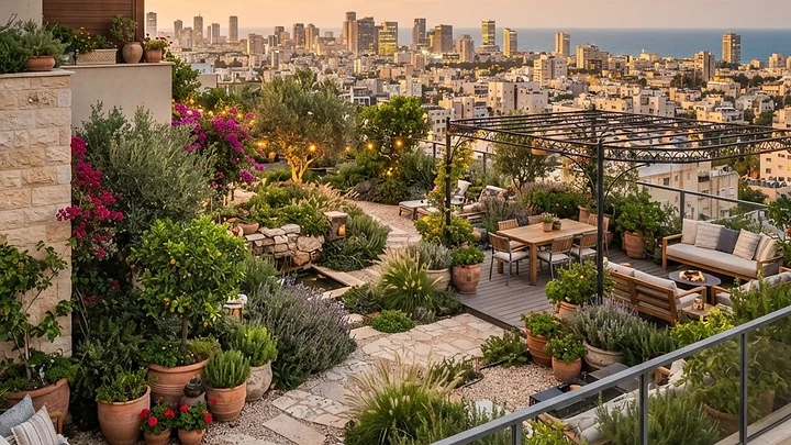 גינת גג מעוצבת עם אדניות צמחים, פרגולה ופינת ישיבה בסביבה עירונית