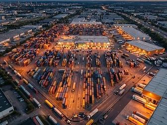 Aerial view of a logistics distribution hub at dusk