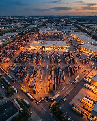 Freight containers and delivery trucks at a Global Pact logistics hub